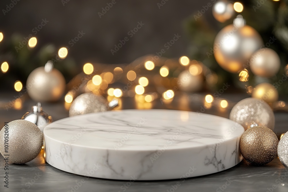 Poster empty plate on festive background with bokeh and ornaments.