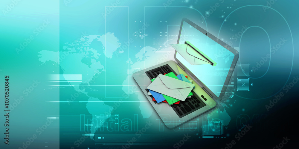 Poster 3d rendering laptops with mail envelops ,