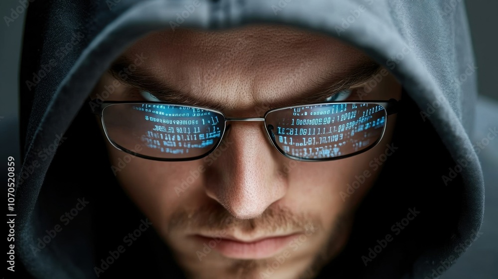 Poster mysterious hacker in dark environment with data reflection