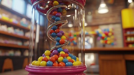 Colorful Gumball Machine in a Bright Cafe