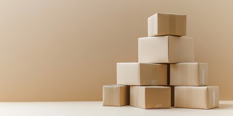 Stacked cardboard boxes on pale background, space for text