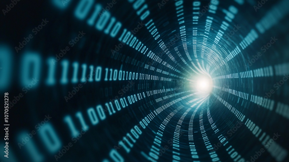 Poster futuristic binary code tunnel leading to light - immersive digital landscape of scrolling numbers an