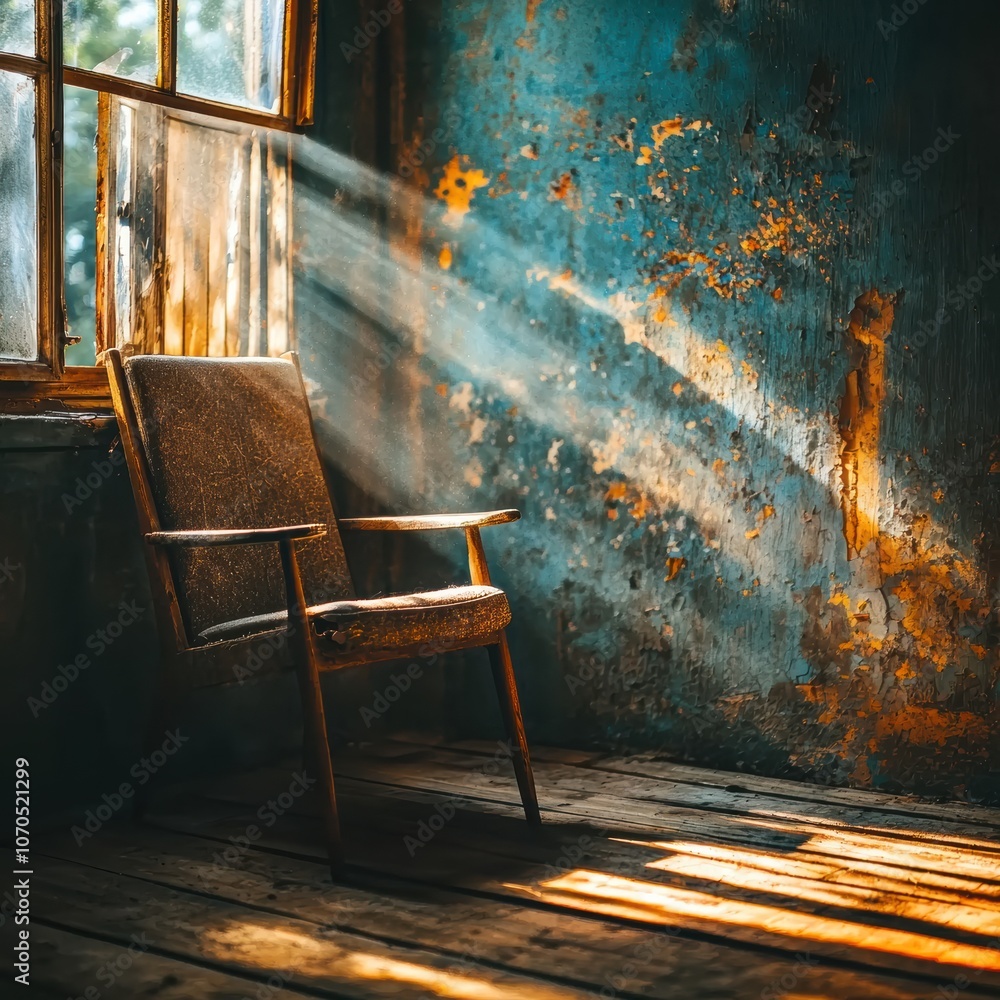 Aufkleber a single chair illuminated by sunlight in an empty room evokes tranquility and solitude
