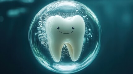 Cute Smiling Tooth in Bubbles Underwater Scene