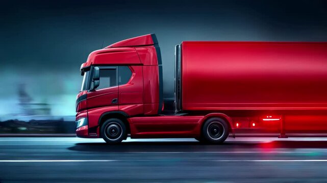 Dynamic refrigerated red truck in motion on a night highway with neon lights and trails. Logistic concept background. 3d animation