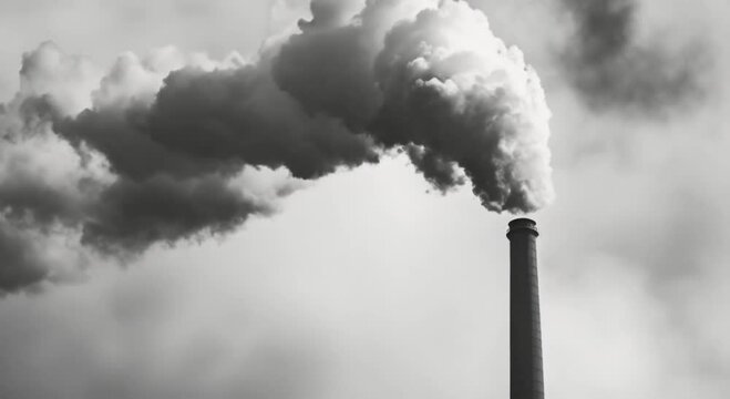smokestacks releasing dense smoke into a cloudy sky, symbolizing industrial pollution and environmental issues. Captures the urgent need for sustainable practices and clean energy solutions.