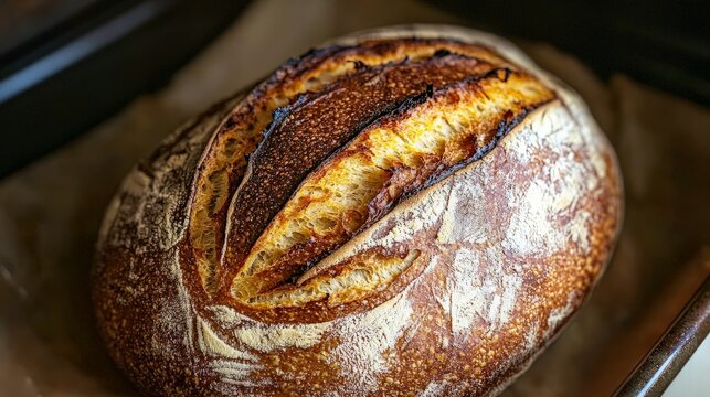 Freshly baked sourdough bread on parchment paper in a baking pan.
