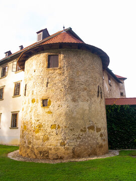 Otocec castle, Slovenia. Historic ancient monument on a small island on the tranquil Krka river. The fortress is now a luxury hotel.