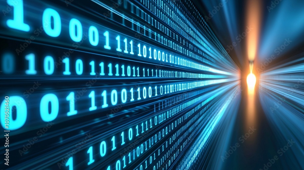 Poster futuristic cityscape of flowing binary code - a dazzling digital world with leading lines toward a g