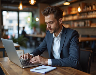 Businessman working on laptop in cafe.