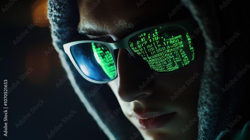 Poster mysterious hacker with green code reflection