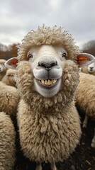 A sheep sitting inbetween other sheeps looking happy and smiling showing teeths towards the camera