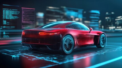 Futuristic Red Sports Car in Digital City Environment