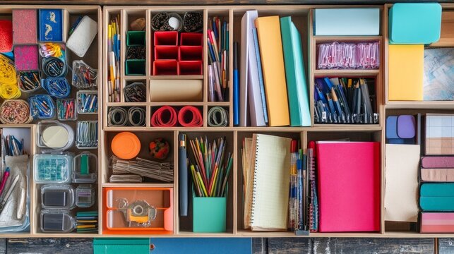 Organized Office Supplies in Drawer Dividers, a neat arrangement of essential materials, promoting efficiency and a clean workspace for optimal productivity.