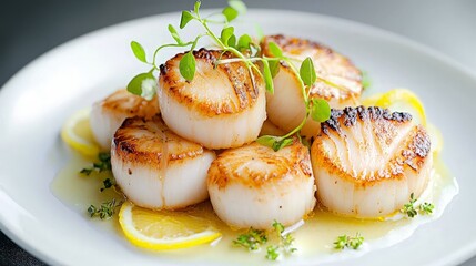 Pan-seared scallops with lemon slices and herbs.