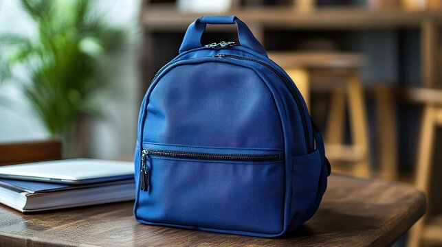 Blue backpack on wooden table with laptop and books.
