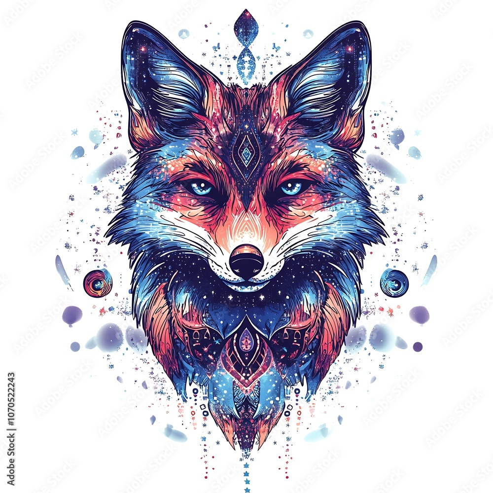Poster Cosmic Fox with Galaxy Pattern and Geometric Shapes.