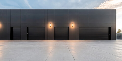 Modern industrial building with multiple garage doors and sleek exterior in early evening light