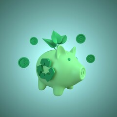 Obraz premium 3D green piggy bank with growing sprout, eco sign and coins. Concept of mechanisms for solving green ecology conservation. Economic growth with care for the environment.