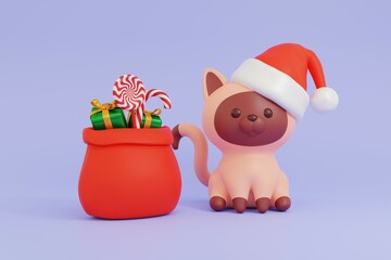 Kitten in Santa hat and bag with gifts and candies. Merry Christmas and Happy New Year.
3D rendering on purple background.