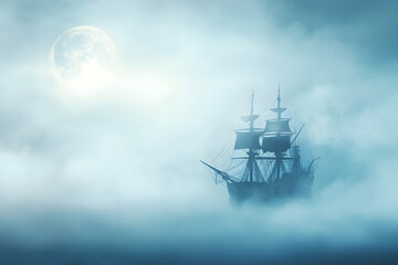 Obraz premium Ghostly Pirate Ship Emerging from Fog under Moonlight white background