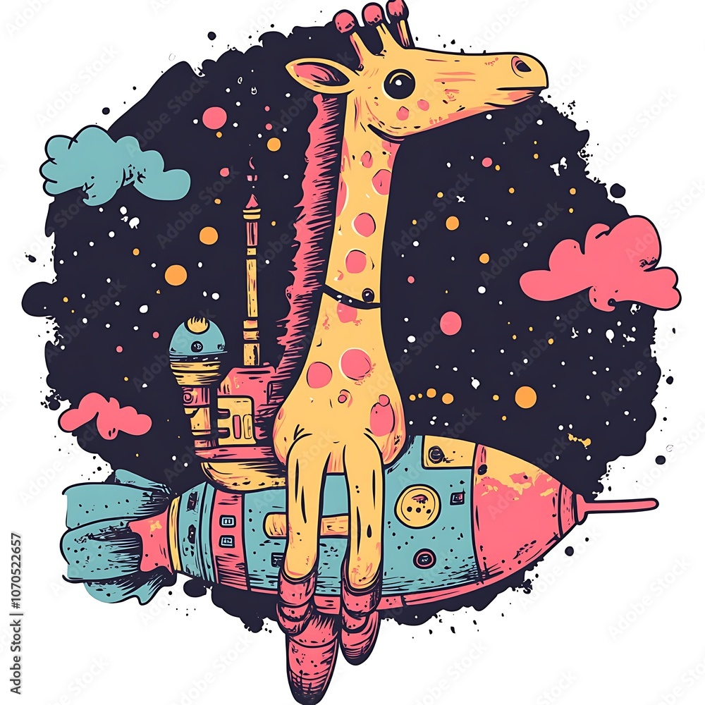 Poster giraffe riding a rocket through space.