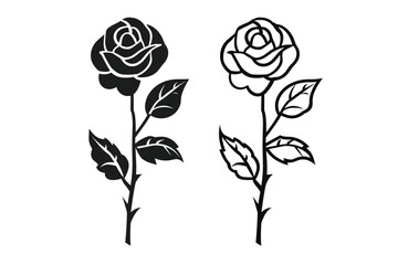 Black and white minimalist illustration featuring two stylized rose designs, each with distinct petal and leaf arrangements on a clean white background.