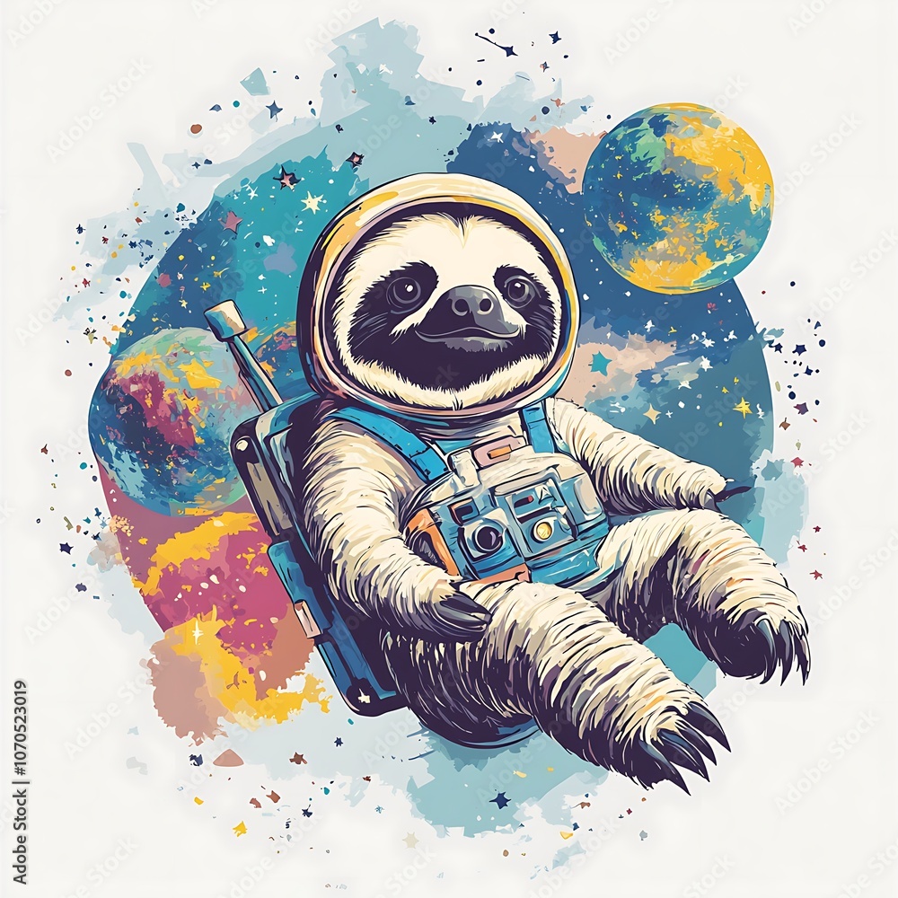 Poster a cute sloth wearing an astronaut suit floats in space with planets and stars in the background.