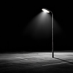 A single light post illuminates an abandoned parking lot at night creating a hauntingly serene atmosphere