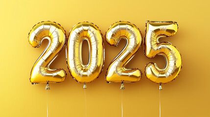 Golden Numbers Balloons Spelling "2025" Isolated on Gold Background, Shiny New Year's Eve Typography, 3D.