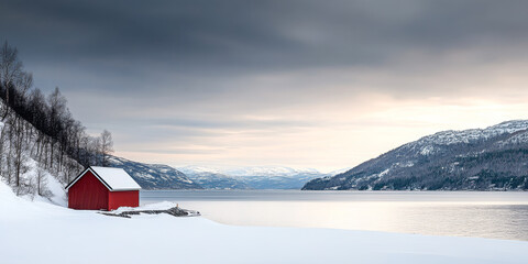 A tranquil winter landscape featuring a red cabin by a frozen lake in a mountainous region