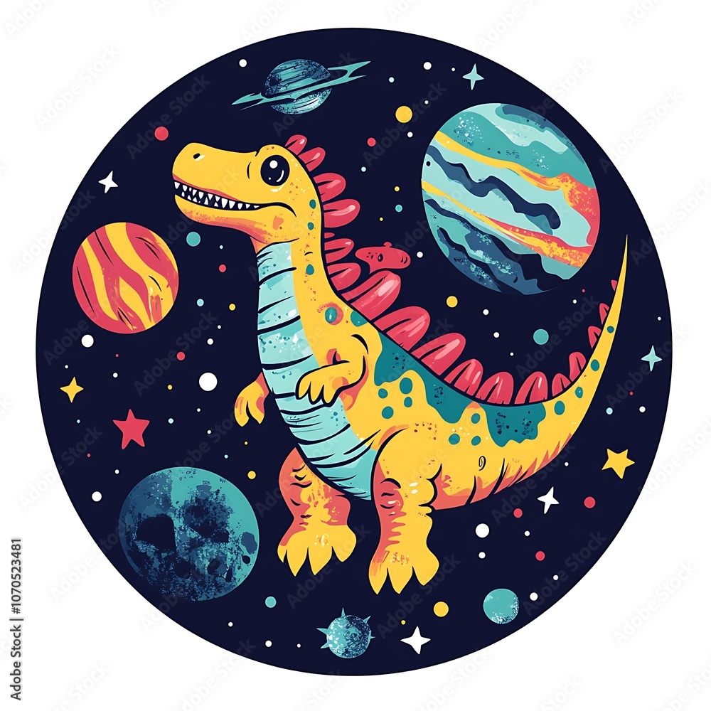 Poster a cartoon dinosaur in outer space with planets and stars.