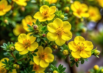 Bright Yellow Potentilla Fruticosa Flowers - Architectural Photography Close Up