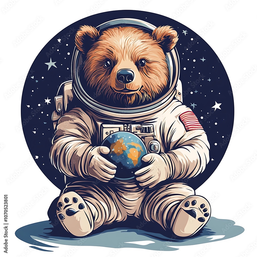 Aufkleber a smiling bear astronaut holds a globe in front of a starry sky.