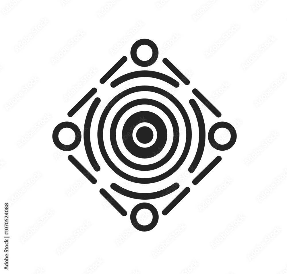 Poster abstract geometric design featuring concentric circles and symmetrical patterns in black and white.