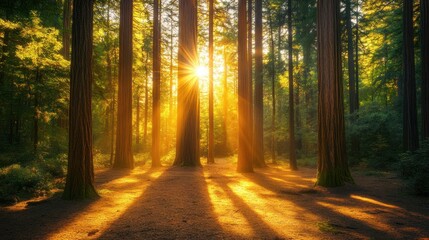Obraz premium An old-growth forest with towering redwoods and dappled sunlight
