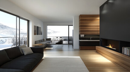 Fototapeta premium Modern living room with cozy fireplace and large windows offering scenic mountain views