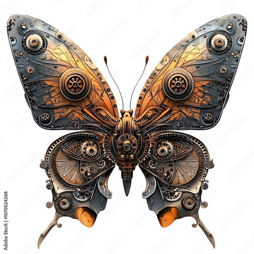 Aufkleber a metallic butterfly with gears and cogs.