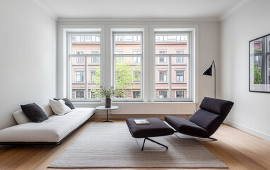 Fototapeta premium Modern cozy living room with large city-view windows and minimalist decor
