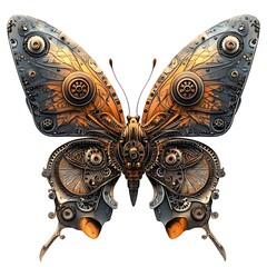 A metallic butterfly with gears and cogs.