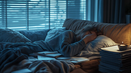 Tired individual lying on a couch, arm over their face, blocking out the world. Dim room with cool blue light filtering through blinds, hinting at burnout with work papers and untouched coffee. 