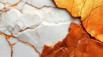 Naklejka premium Close-up of White Marble with Golden Veins and a Section of Orange-Gold Stone