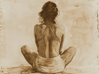 Naklejka premium A woman is sitting on the floor with her back turned. The old sepia-toned image gives a mood of melancholy and sadness.