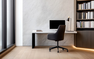 Modern home office with minimalist design featuring a desk, computer, and organized bookshelf