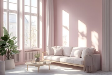 Fototapeta premium Minimalist living room with white sofa, coffee table and pink wall.