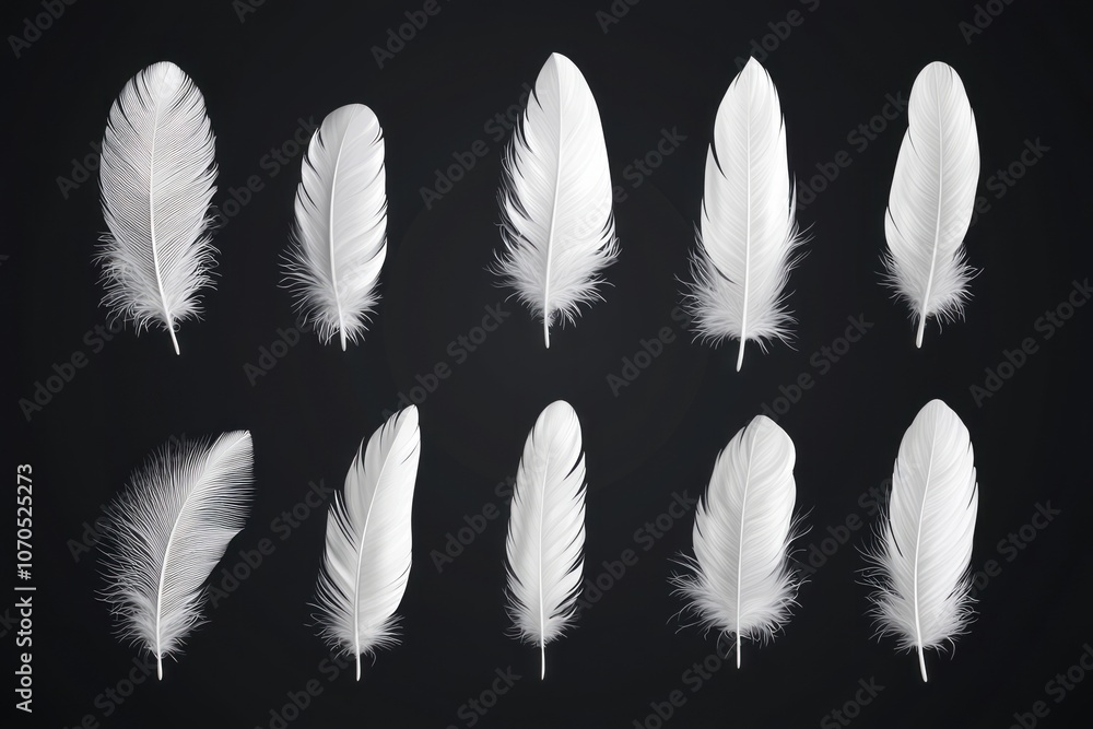 Aufkleber various white feathers arranged in a neat row on a dark background