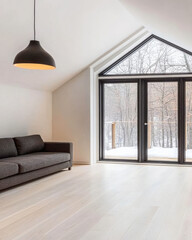 Fototapeta premium Modern living room with a cozy sofa and large windows in a snowy forest setting