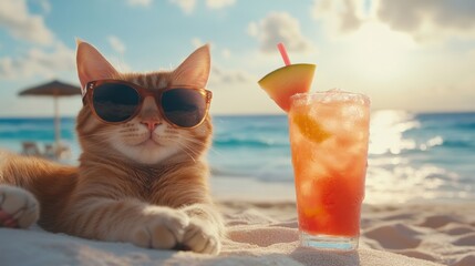Obraz premium Relaxed Cat Enjoying a Drink on the Beach