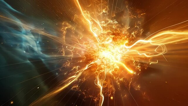 Radiating lines of energy emanate from a central point depicting the farreaching effects of the unification of forces at high energies.