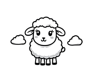 Cute cartoon sheep with fluffy wool standing in a simplistic black and white illustration.